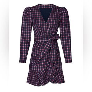 Tanya Taylor Lexi Wrap Dress in Pink Navy Plaid Long Sleeve 8